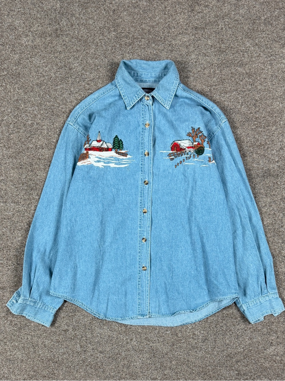 Vintage Blue Denim Button Up Shirt Women’s Large Winter Cottage Cabin Grannycore